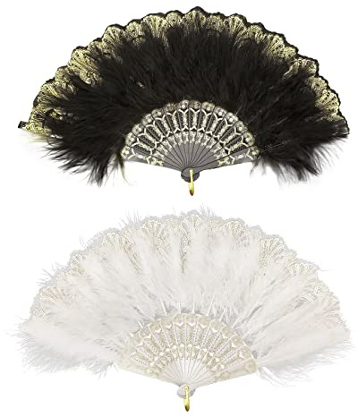 MIVAIUN 2 abanico plegables de mano con plumas bordadas, plumas de marabú vintage de los años 20, accesorios para disfraz de Halloween, baile, boda, fiesta, graduación