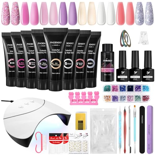 Phoenixy Kit Ongle Gel UV Complet, 8 Couleurs Gel Construction Ongle UV avec Lampe à Ongles, Poly Extension Gel Kit avec Base et Top Coat Set de Manucure pour Débutants