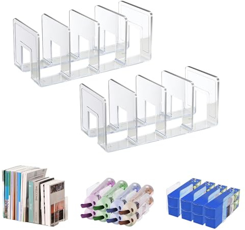 Marte Vanci Clear Acrylic File Sorter, Sturdy Desk File Organizer Shelf Book Holder Purse Handbag Clutch Divider File Folder Rack for Letter Cookbooks Home Office Kitchen Supplies 4 Sections (2 Pcs)