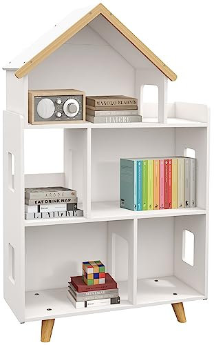 ZONEKIZ Aufbewahrungsregal für Spielzeug Kinder und Bücher, Aufbewahrungsschrank in Form eines Hauses – 3 Ebenen mit Regalen – Massivholz – 65 x 25 x 108,5 cm – Weiß und Natur