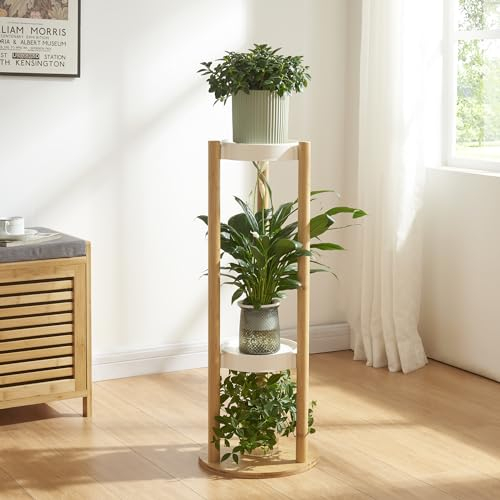 [en.casa] Étagère à Fleurs à 3 Niveaux Porte Plantes pour Intérieur Support Cache-Pots Petit Meuble de Rangement Bambou Plastique 80 x 31 x 31 cm Naturel Blanc