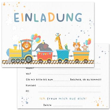 5er-Set Tierische Abenteuer Einladungskarten Kindergeburtstag | DIN A6 | Handgemacht | Partyeinladungen | Feier | Geburtstagsparty | Einladungen für Kinder, Jungs und Mädchen (5x Einladungen)