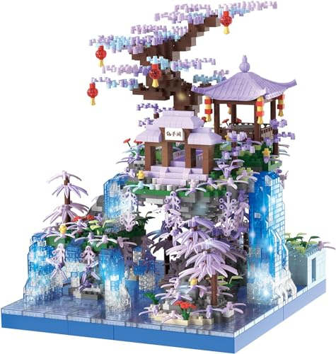 Pasyru Feenpavillon Architektur Bausteine, Chinesische Architektur Bausteine, 2436 Teile Märchenland mit Sakura Baum und Wasserfällen Mini Baustein, Spielzeug Geschenk für Erwachsene und Jugendliche