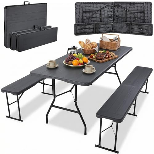 Bierzeltgarnitur Klappbar 3-teilig Set 1 Biertisch & 2pcs Bierbank Klappbar,Festzeltgarnitur Biertischgarnitur 180cm mit Tragegriff,Gartenmöbel Set Wetterfest,Campingtisch Outdoor & Indoor,Holz-Optik