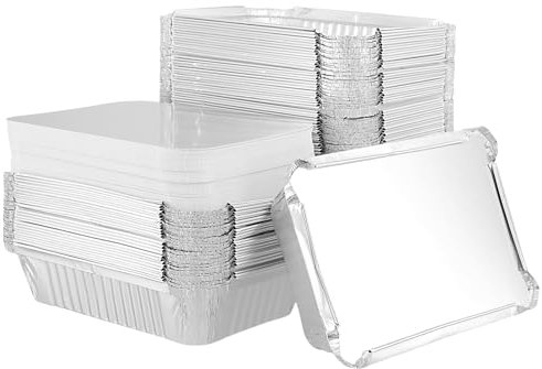 SINJEUN 125 Pack Aluminium Foil Trays with Lids, 21 × 14 x 5cm Rectangle Aluminium Foil Containers, Silver Roasting Trays for Kitchen, Camping, Baking