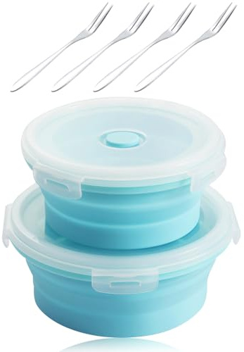lbxtswpl Ciotola pieghevole, 2 pezzi, con coperchio, in silicone, con forchetta da frutta, per campeggio, escursioni, cucina, scuola, all'aperto (blu)
