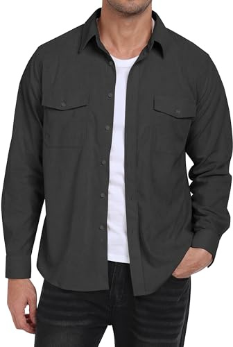 MoFiz Chemise en Velours Côtelé Homme Veste Chemise Boutonnée à Manches Longues Chaude Décontracté Haut Automne Hiver avec Poches Gris Foncé EU M