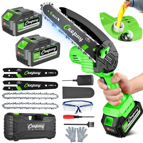 CEEPUY Mini Motosierra a Bateria 10000Mah 6 Pulgadas, 880W Batería Extra Grande Ultra-long Usage Time Sierra Electrica Pequeña Sierra Electrica Podar Arboles Motosierra de Mano Para Jardin