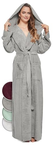jazzylab Accappatoio con Cappuccio Donna, Extra Lungo, 100% Cotone Spugna, Grigio, M