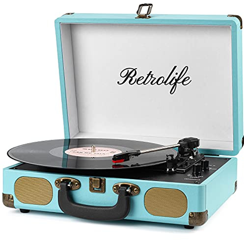 Retrolife Vinyl Record Player 3-Speed Bluetooth Suitcase Portable Belt-Driven Record Player with Built-in Speakers RCA Line Out AUX in Headphone Jack Vintage Turntable