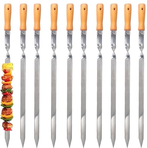 ZMC 10 spiedini per kebab, in acciaio inox, 55 cm, larghezza 2 cm, spessore 2 mm, con manico in legno, antiruggine, per carne, verdure, pesce, stabili e riutilizzabili per barbecue e barbecue