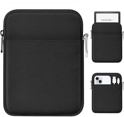 MoKo Padded Ereader Sleeve Case for 6-7 inch Tablet Sleeve Bag Protective Cover Pouch with a Carabiner, Compatible with 7 eReader Colorsoft Signature Edition/Paperwhite 12th Gen. 2024, Black