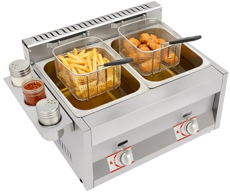 Friggitrice a gas, 60,3 x 46 x 33,5 cm, con doppio serbatoio, professionale, in acciaio inox, con cestini filtranti, coperchio, zone fredde, per ristoranti, snack, cucina