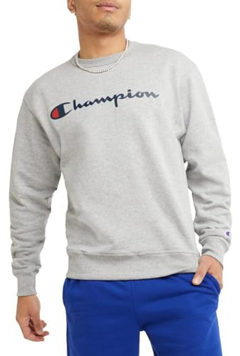 Champion Men's Powerblend Fleece Crewneck Sweatshirt, Classic Script Logo, New Manhattan Mist Heather, Medium