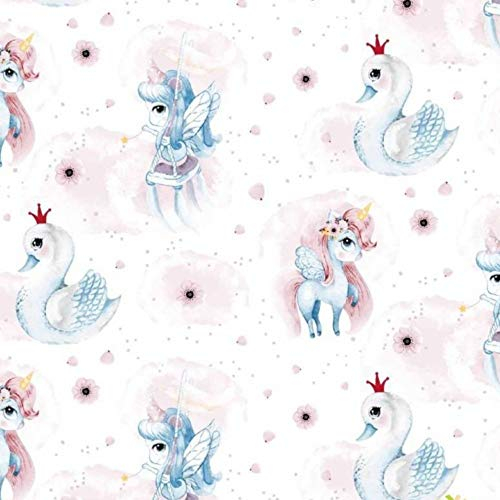100x160cm Einhorn 100% Baumwolle Baumwollstoff Kinder Meterware Handwerken Nähen Stoff (Einhorn Schwan Rosa Blau Weiß, 100x160cm (11,99€/m))