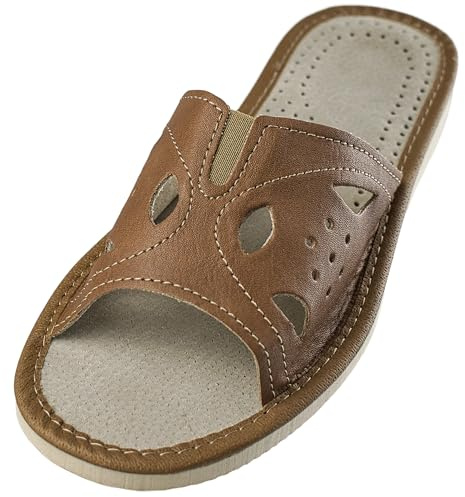 APREGGIO - Zapatillas de Estar por Casa para Mujer en Piel Lisa - Pantuflas Puntera Abierta - Sin Cordones - Hechas a Mano - Suela de cuña Ligera - Marrón - Talla 40 EU