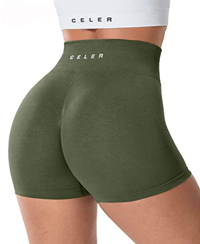 Celer Pantaloncini Scrunch da Allenamento da Donna Senza Cuciture, Pantaloncini Corti al Sedere, da Palestra, a Vita Alta, per Yoga, Atletica, 01 Verde Militare., M