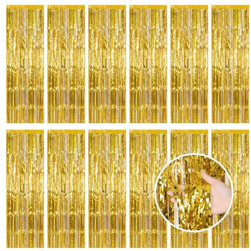 12 Pcs Gold Metallic Tinsel Foil Fringe Curtains, 3.3ft x 8.2ft Tinsel Streamers Backdrop Door Curtains Hanging Streamers for Birthday Halloween Christmas Party Supplies(1m x 2.5m)