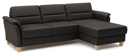 CAVADORE Leder-Ecksofa Palera mit Longchair / Landhaus-Couch mit Federkern + massiven Holzfüßen / 244 x 89 x 163 / Leder Dunkelbraun