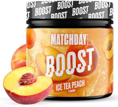 MATCHDAY NUTRITION | BOOST | 90 Minuten Vollgas Fußball | ATP Booster mit Aminosäuren und Kohlenhydraten | Mehr Schnellkraft, Explosivität & Ausdauer | 20 Portionen (Ice Tea Peach)