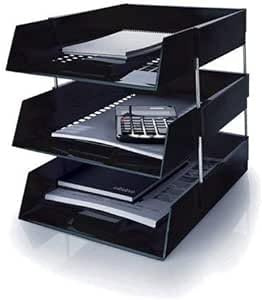 Nobel 3-Tier Stackable Letter Tray Desk Organiser with Risers, Black, for A4 Documents, Space-Saving Filing System (Black, 3 Trays + 8 Risers)