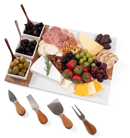 Charcuterie Board Set Acacia Wood and Marble - 11 Piece Cheeseboard Serving Platter - Unique Housewarming Gift Appetizer Tray with Accessories - Includes Utensils, Knives, Ceramic Bowls, Wooden Spoons