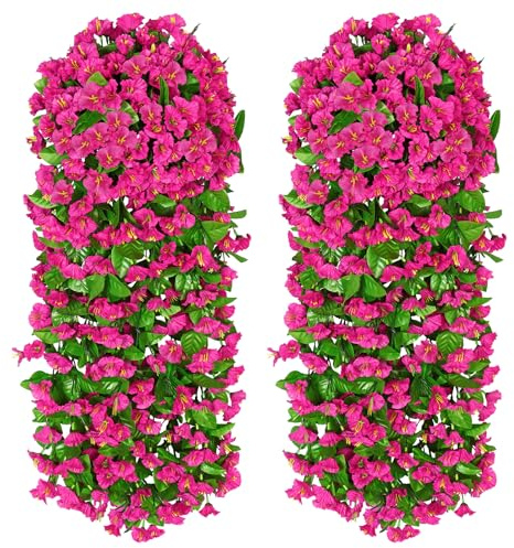 MEIVINES Flores Artificiales Colgantes 2 Piezas Artificiales Plantas Colgantes de Petunia Flores Artificiales Decoración para Interior Exterior Jardín Balcón(Rosa Rojo,82cm)