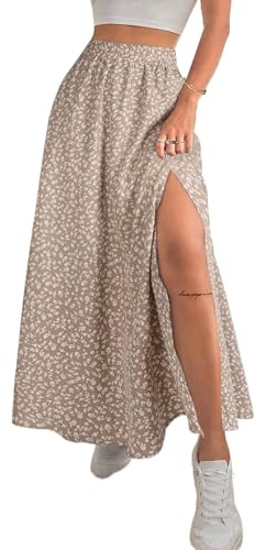 Avanova Women Boho Floral Slit Maxi Skirt Split Thigh High Waisted Long Skirts Apricot X-Large