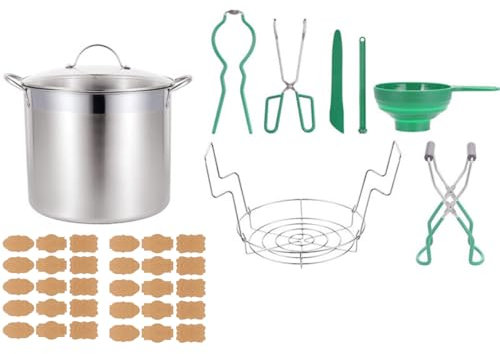 21.5QT Stainless Steel Water Bath Canning Pot with Rack and Lid,9pcs Water Bath Canner Starter Kit Set, Jar Lifter Tongs,Full Canning Kit Accessories,30pcs Canning Labels (Jars NOT Included)