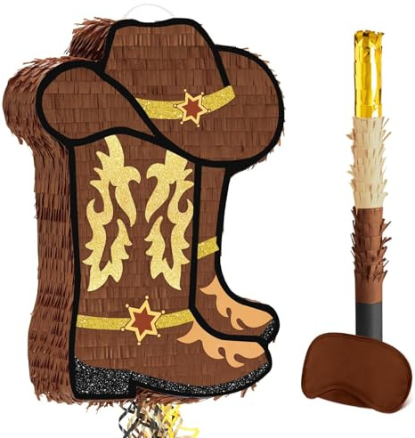 WERNNSAI Piñata de Vaquero - Piñata de Fiesta Occidental con Venda para los Ojos y Palo para Mujeres y Hombres Decoración de Fiesta de Cumpleaños del Salvaje Oeste Suministros Retro de Vaquero Rodeo