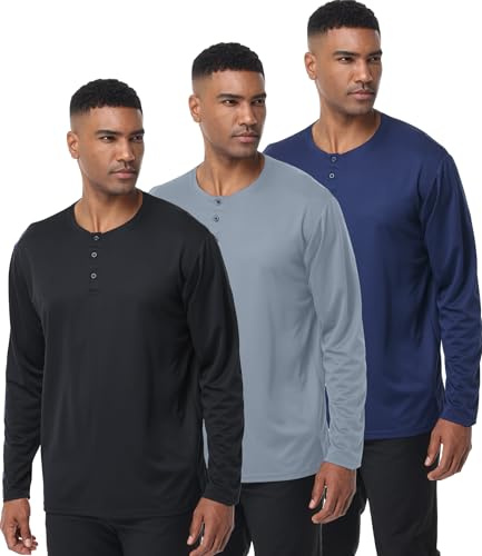 Kinglaman 3 Pack Men's Henley Shirts Dry Fit Long Sleeve Casual Tee Gym Workout Lightweight Regular-Fit T-Shirts 1 Black 1 Gray 1 Blue Large
