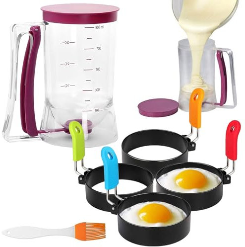 Lot de 6 portionneurs de pâte à gâteau de 900 ml avec 4 moules à omelette et 1 pinceau à huile en silicone, distributeur de pâte pour gâteaux, crêpes, muffins, gaufres