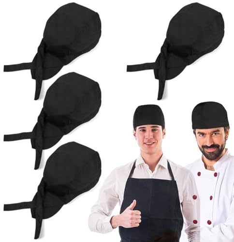 4 Pezzi Cappellino da Chef, Cappello da Cuoco Nero, Bandane Cucina per Cuoco, Cappello Cucina Regolabile, Cappelli Bandana Unisex Cucina Berretto da Lavoro per Adulti, Fornai, Hotel, Ristorante