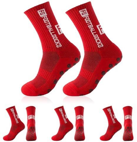 FESDMOH 3 Paires Chaussette Antidérapante Foot, Chaussettes Antidérapantes Homme, Chaussettes Homme Sport 37-45, pour Football, Basket-ball, Course,Basket, Rugby, Trekking (Rouge)