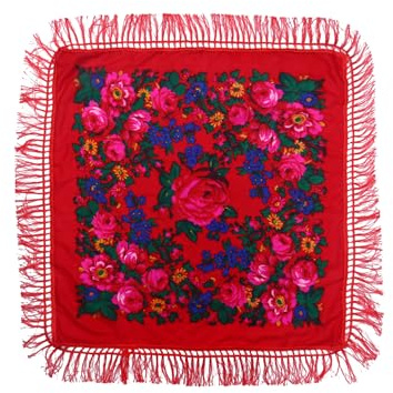 MJ SERECA Acrylic Bandana Printed Hair Scarf Square Ukrainian Head Scarf Floral Babushka Neck Scarf for Women 30/42/60 (Red with Tassel)