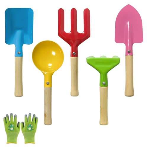 Jerhyun 5 Pezzi Attrezzi Giardinaggio Set, Attrezzi Giardino Attrezzi Manuali da Giardino con Paletta, Rastrello Guanti Giardinaggio, per Piante in Vaso, Balconi, Cura delle Aiuole Rinvaso(Verde)