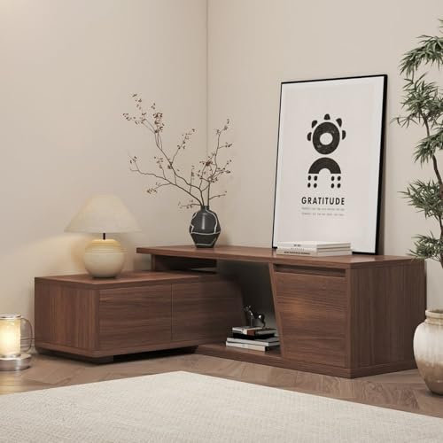 Homary Corner TV Unit, Extendable TV Stand Cabinet for Living Room, Wood TV Units with Large Storage 3 Drawers, Walnut Media Unit, Modern Design, 120-180cm