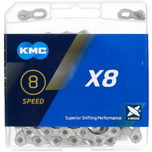 Fahrrad Kette, KMC Fahrradkette, X8 Silver, 1/2 x 3/32, 114 Glieder, 8-fach, 21-24 Gang, silber