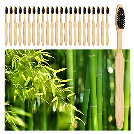 Relaxdays Bamboo, Set of 24, Vegan, Sustainable, BPA-Free, Manual Toothbrush Coated, Eco Friendly, Black, Medium