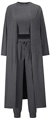 Les umes 3 pezzi tuta da donna Cardigan aperto sul davanti Canottiere Gamba larga Palazzo Pantaloni Lounge Set, grigio, L