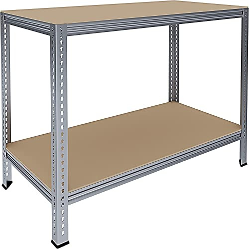 Banco Tavolo Da Lavoro Senza Bulloni In Acciaio Metallo e MDF Portata Fino a 1200 Kg Con 2 Ripiani Regolabili Ideale Per Garage Officina Cantina Capannone Magazzino Design Modulare 96 x 120 x 60 cm