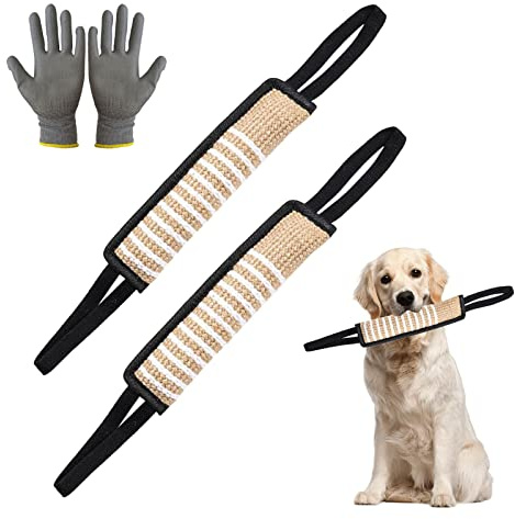HOMURY Juego de 2 tapones de mordida para perros, yute, extra resistentes, para entrenamiento K9, con dos bucles, 30 cm, 1 par de guantes protectores