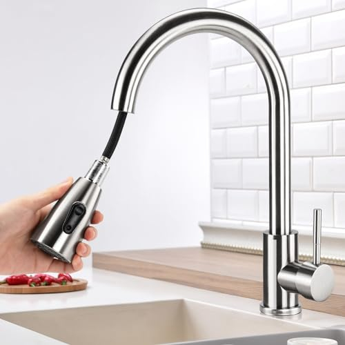 Virklyee Rubinetto lavello cucina estraibile Rubinetto cucina inox Miscelatore Cucina per Lavello con Beccuccio Girevole a 360 °con, Rubinetto Cucina Acqua Calda e Fredda (Argento-A forma di C)