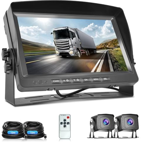 Telecamera Posteriore Set, 9 Pollici LCD Monitor con 2 AHD Telecamera Posteriore, IP69 Impermeabile, Visione Notturna con Cavo da 10m+10m, per Auto, Pick-Up, Camion, Piccoli Camper, Camper DC12V-35V