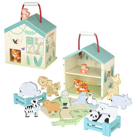 Orange Tree Toys Wooden Zoo Animals Play Set with Portable House, Educational Toy with 12+ Animal Figures and Zookeeper