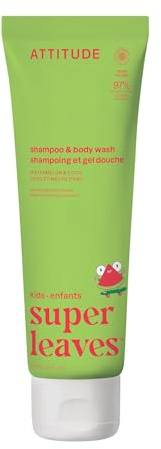 ATTITUDE Shampoo and Body Wash for Kids, EWG Verified, Dermatologically Tested, Plant- and Mineral-Based Ingredients, Vegan, Watermlon & Coco, 8 Fl Oz