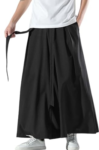 Caxndycing Eisseide Hose Herren Rock Weites Bein Freizeithose Einfarbig Samurai Hakama Haremshose Loose Fit Sommerhose Baggy Streetwear Japanischer Kilt
