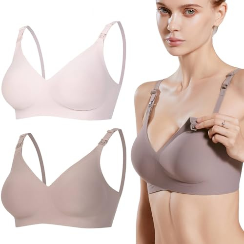 HUAXITRA Nursing Bras for Breastfeeding, Seamless Maternity Bras for Women Wireless Breastfeeding Bras, 2 Pack Pregnancy Bra Women Comfort Breast Feeding Pregnancy Sleep Bralette (Gray+Pink