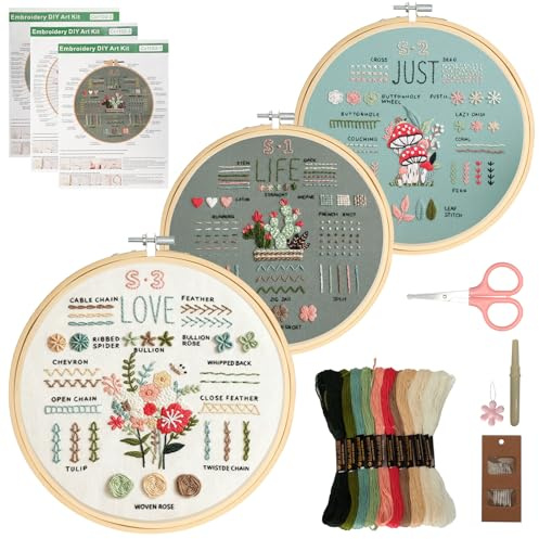 VINATO Kit de Broderie Débutant, Points à Apprendre, 3 Motifs Floraux, Cercle Bambou, Fils & Accessoires Complets - Coffret d'Initiation, Cadeau DIY & Loisir Créatif pour Adultes