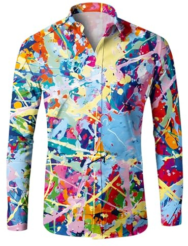 Chemise pour homme à manches longues - Décontractée - Arc-en-ciel dégradé - Chemise à boutons - Chemise de loisirs - Hippie colorée - Chemises pour hommes - Chemise pour disco - Chemise de fête
